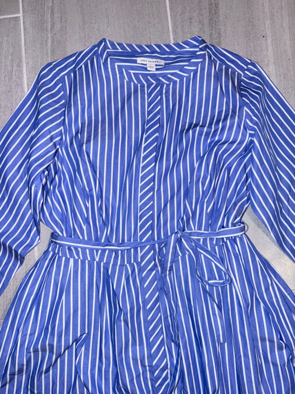 Blue and White Striped Long-Sleeve Button-Front Midi Dress with Tie Waist - Picture 3 of 6